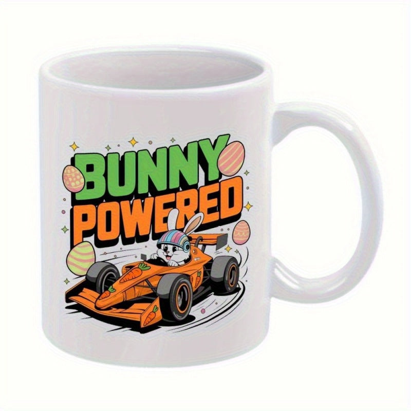 Tailorly White Ceramic 11 oz Mug - Bunny Powered Cute Cartoon Rabbit Driving Speedy Orange Formula Race Car