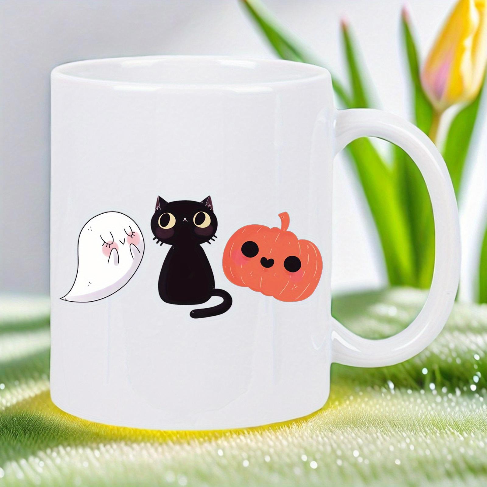 Tailorly White Ceramic 11 oz Mug - Adorable Cartoon Ghost And Smiling Orange Pumpkin Black Cat