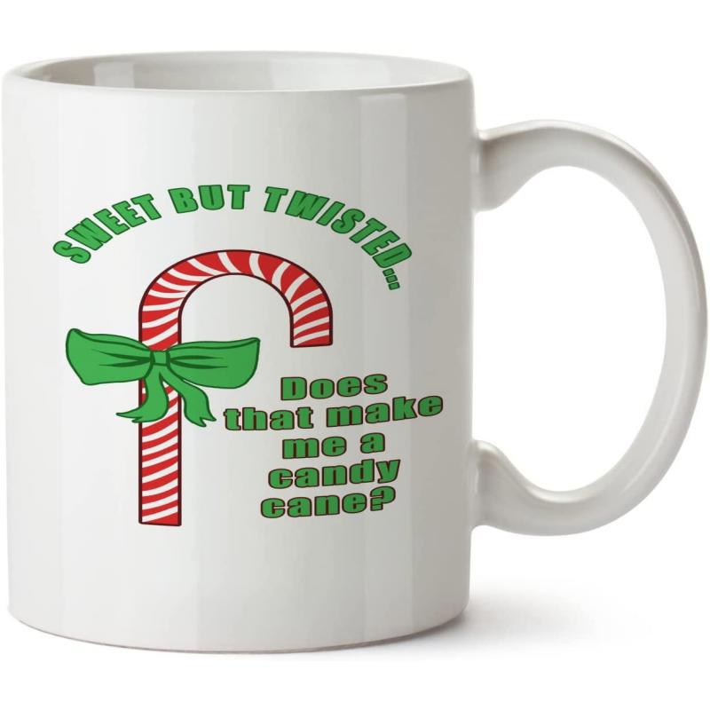 Tailorly White Ceramic 11 oz Mug - Sweet But Twisted Does That Make Me A Candy Cane Festive Red And White Striped Pattern With Green Ribbon Bow Candy Cane