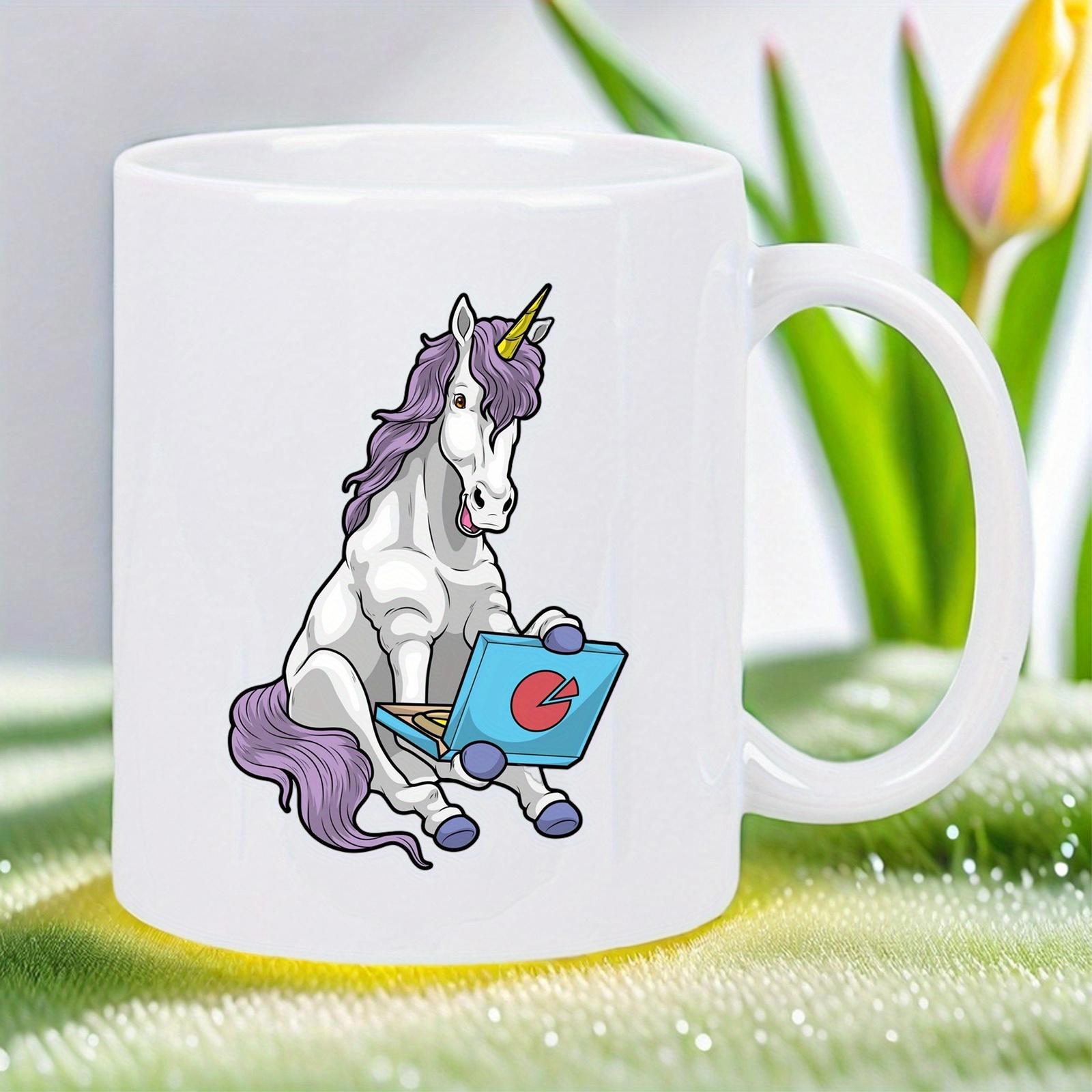 Tailorly White Ceramic 11 oz Mug - Whimsical Purple Haired Mythical Creature Working On A Small Blue Laptop Unicorn