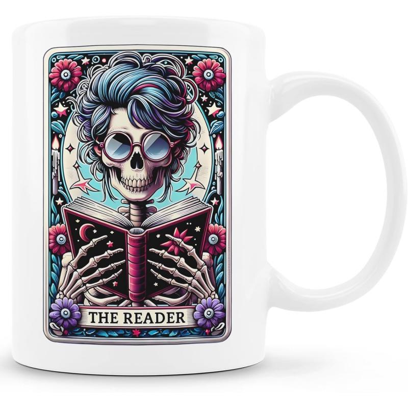 Tailorly White Ceramic 11 oz Mug - The Reader Floral Tarot Card Style Illustration Of A Stylish Reading Skeleton