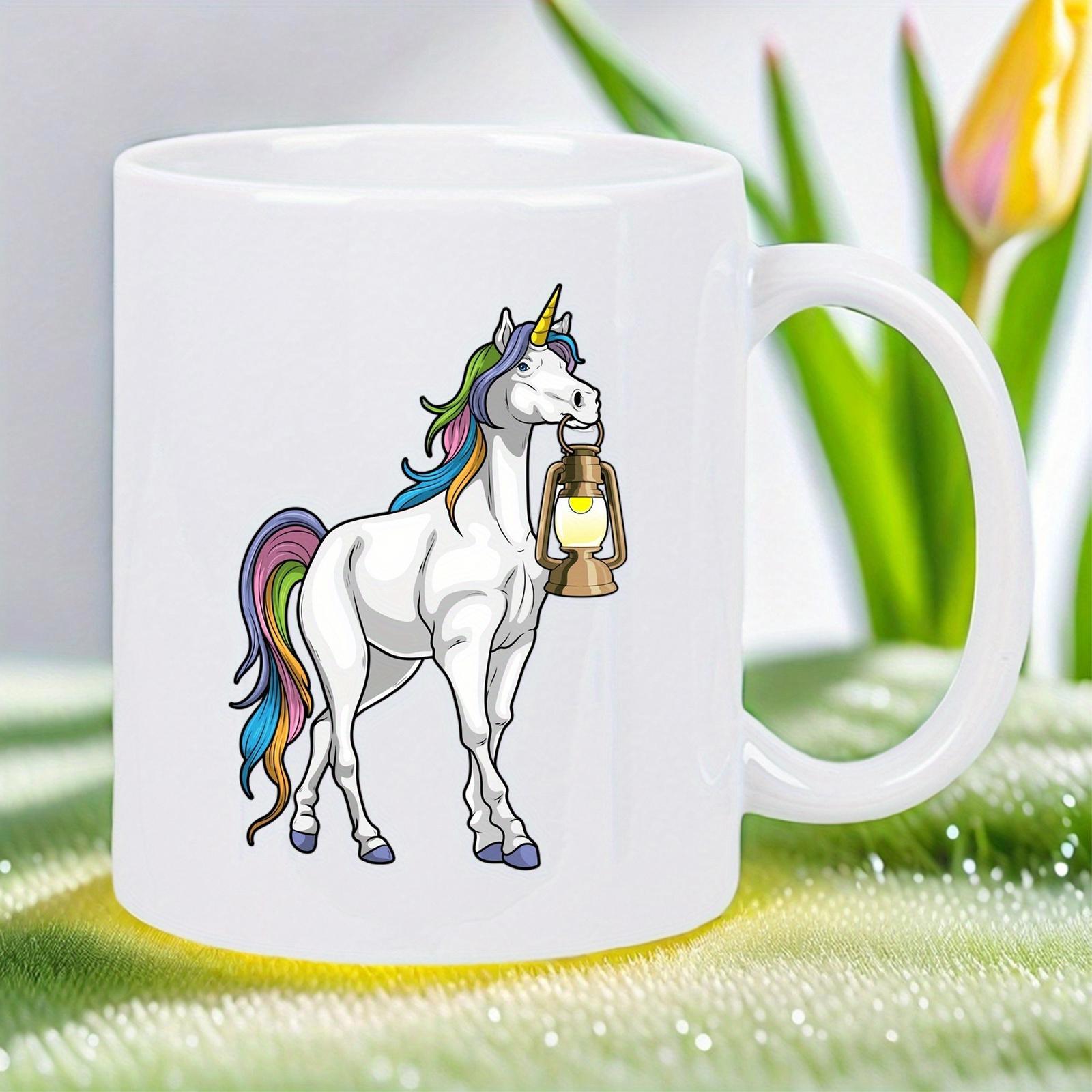 Tailorly White Ceramic 11 oz Mug - Majestic Magical Creature With Colorful Rainbow Mane Holding A Glowing Lantern Unicorn