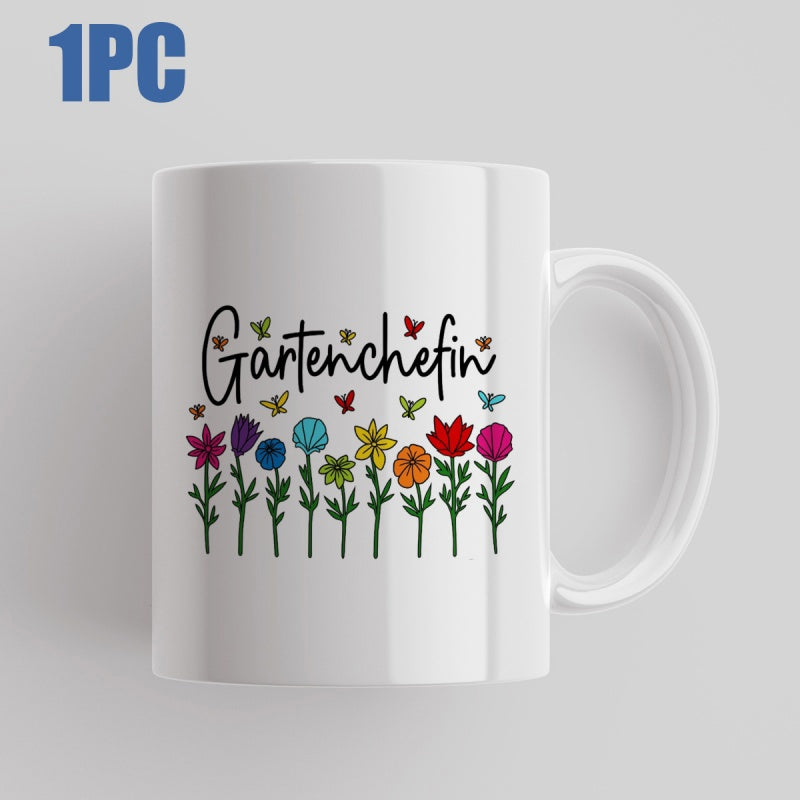 Tailorly White Ceramic 11 oz Mug - Vibrant Colorful Flowers Blooming In A Row With Delicate Flying Butterflies Flower