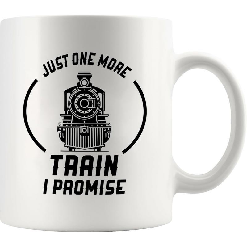 Tailorly White Ceramic 11 oz Mug - Just One More Train I Promise Classic Vintage Steam Locomotive Engine Featuring Detailed Frontal View Perspective Train