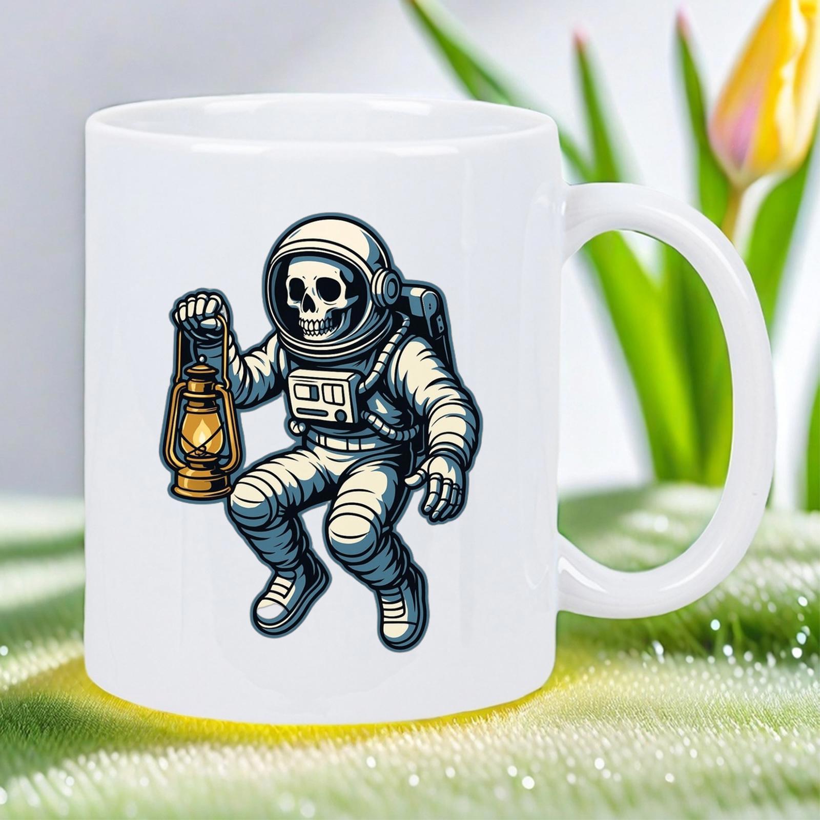 Tailorly White Ceramic 11 oz Mug - Floating Skeletal Space Explorer Holding A Glowing Vintage Oil Lantern Astronaut