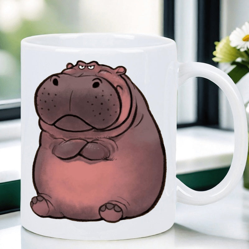 Tailorly White Ceramic 11 oz Mug - Grumpy Resting Brown Animal Character Sitting With Folded Arms In Deep Thought Hippo