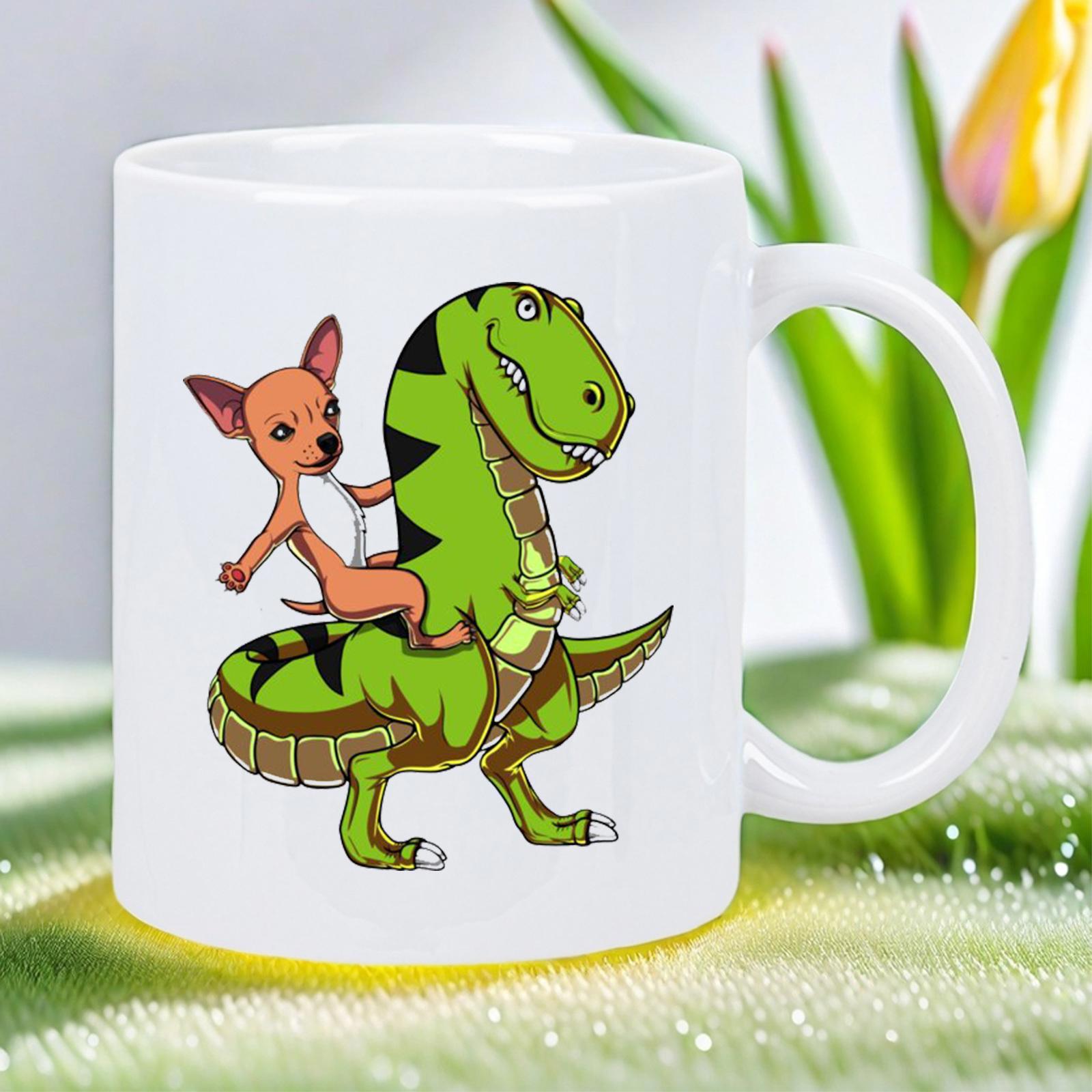 Tailorly White Ceramic 11 oz Mug - Cute Brown Chihuahua Riding Upon A Vibrant Green Cartoon Prehistoric Dinosaur