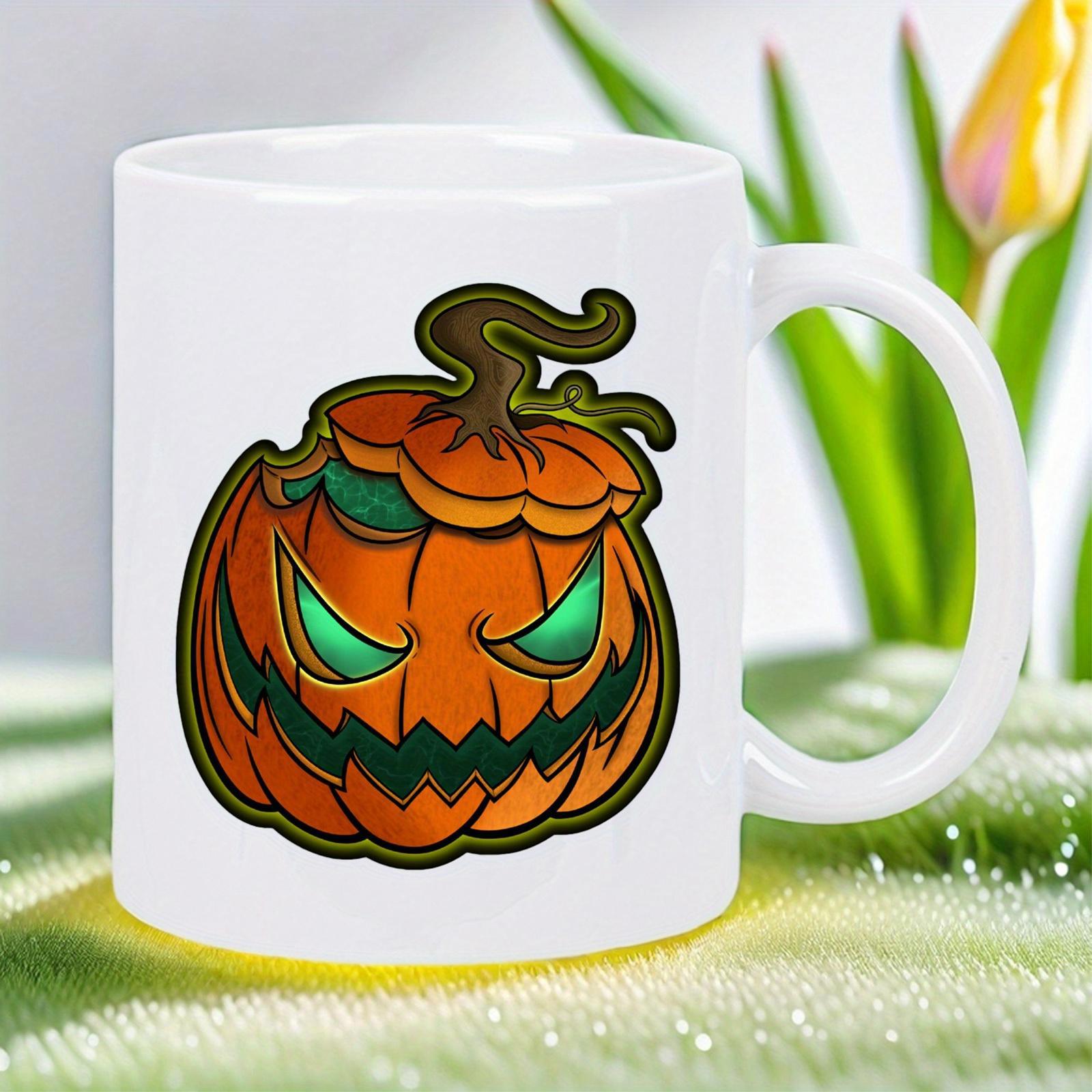 Tailorly White Ceramic 11 oz Mug - Spooky Carved Orange Halloween Lantern With Glowing Green Eyes And Jagged Smile Pumpkin