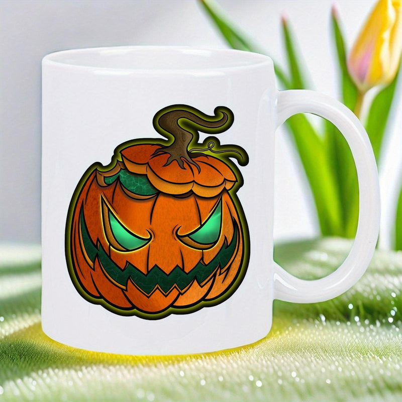 Tailorly White Ceramic 11 oz Mug - Spooky Carved Orange Halloween Lantern With Glowing Green Eyes And Jagged Smile Pumpkin