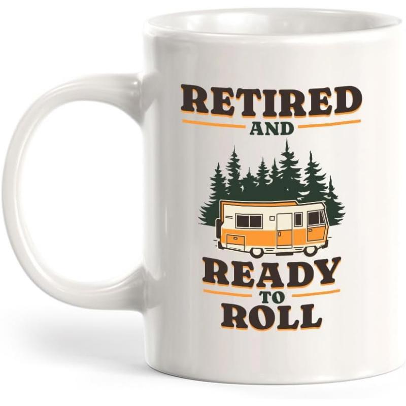 Tailorly White Ceramic 11 oz Mug - Retired And Ready To Roll Vintage Retro Trailer Parked Before Dense Pine Forest Camper