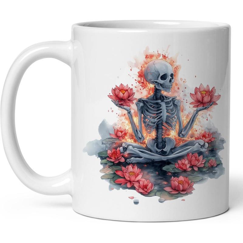 Tailorly White Ceramic 11 oz Mug - Radiant Blooming Pink Lotus Flowers Surrounding A Peaceful Meditating Mystical Skeleton