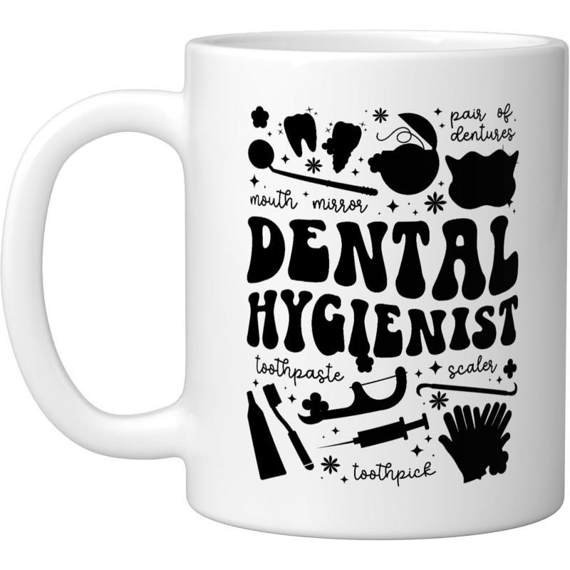 Tailorly White Ceramic 11 oz Mug - Dental Hygienist Mouth Mirror Pair Of Dentures Toothpaste Scaler Toothpick Professional Care Tools And Tooth Icons Surrounded By