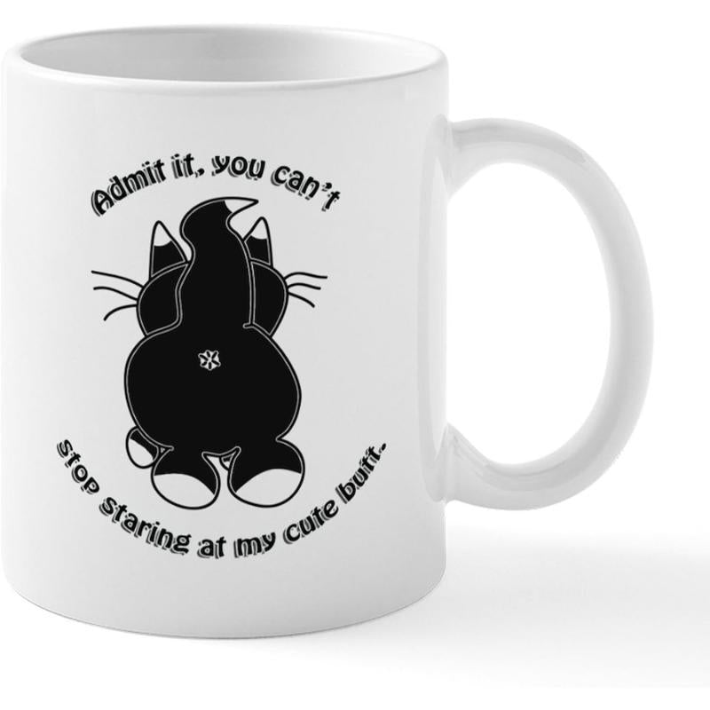 Tailorly White Ceramic 11 oz Mug - Admit It You Can Not Stop Staring At My Cute Butt Whimsical Cartoon Silhouette Of A Funny Black And White Feline Cat