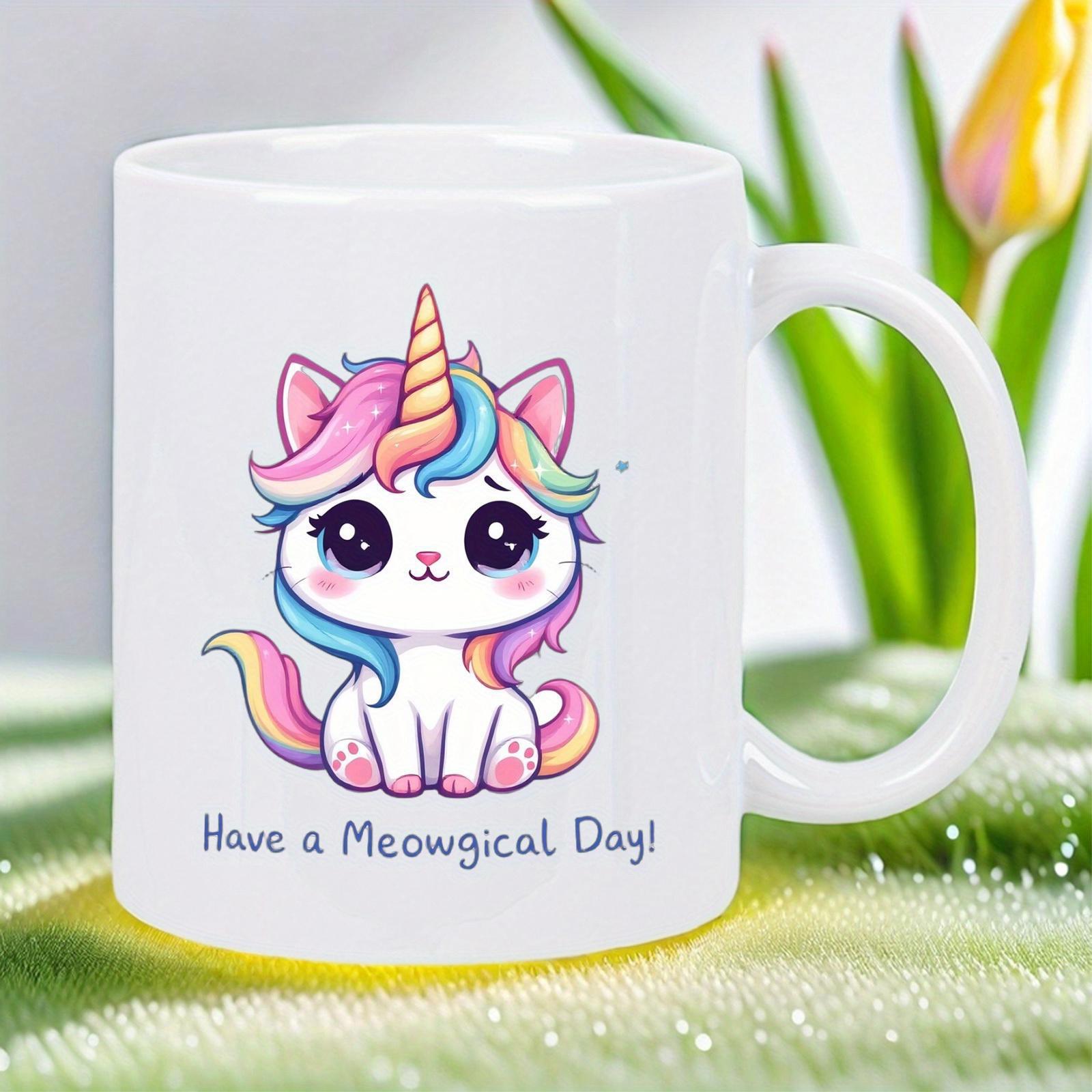Tailorly White Ceramic 11 oz Mug - Have A Meowgical Day Cute Pastel Rainbow Colors Featuring Golden Horn And Sweet Smiling Expression Cat
