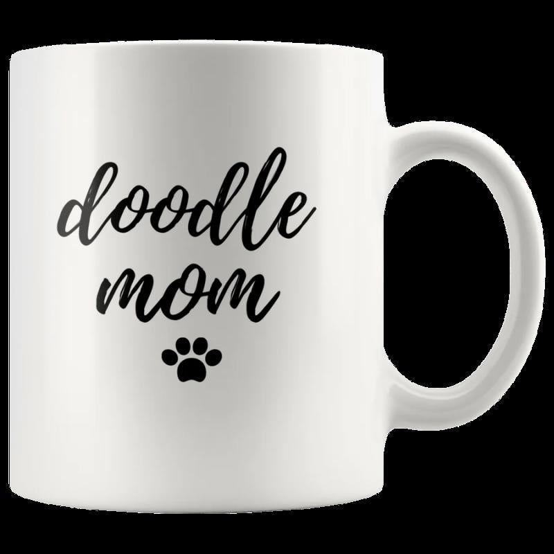 Tailorly White Ceramic 11 oz Mug - Doodle Mom Minimalist Script Text Featuring A Small Black Paw Print Mug