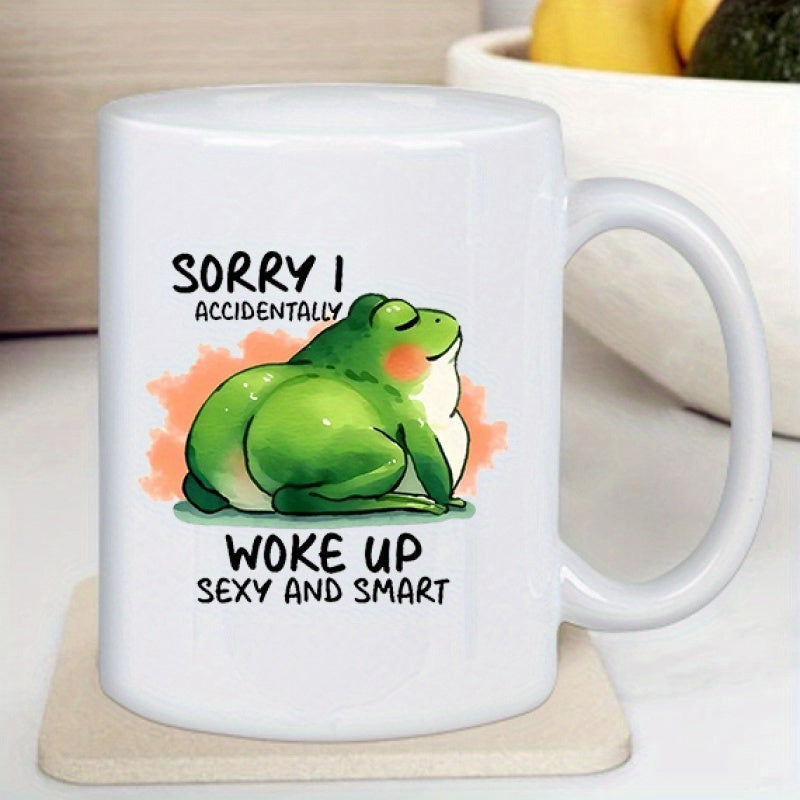 Tailorly White Ceramic 11 oz Mug - Sorry I Accidentally Woke Up Sexy And Smart Funny Green Cartoon Sitting On Grass Patch With Rounded Backside Frog