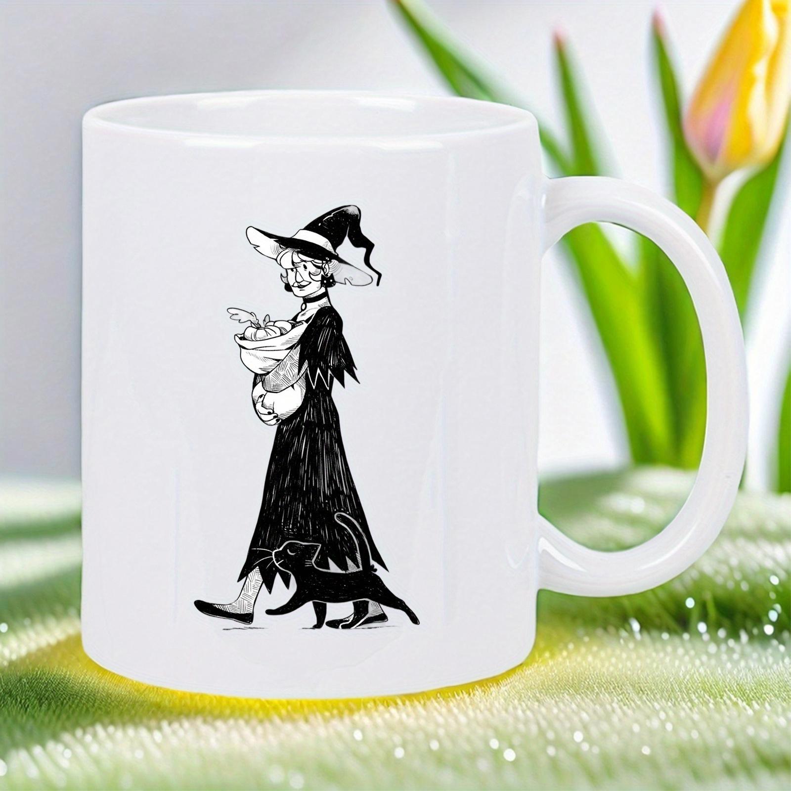 Tailorly White Ceramic 11 oz Mug - Hand Drawn Minimalist Halloween Design Featuring A Walking Silhouette Witch