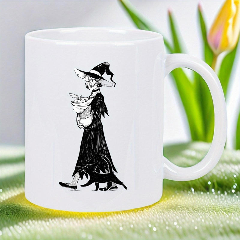 Tailorly White Ceramic 11 oz Mug - Hand Drawn Minimalist Halloween Design Featuring A Walking Silhouette Witch
