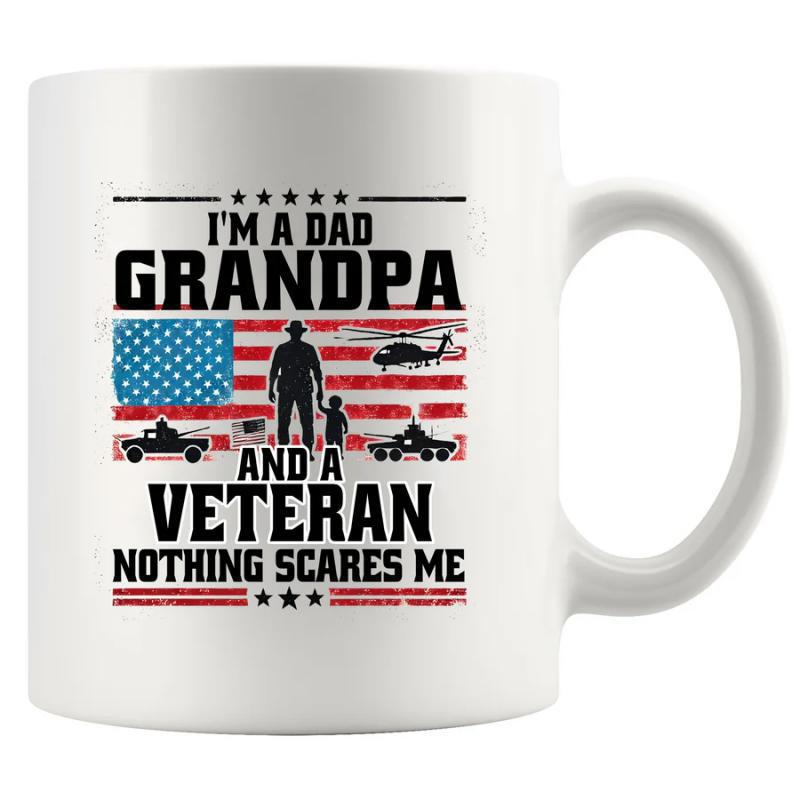 Tailorly White Ceramic 11 oz Mug - Im A Dad Grandpa And A Veteran Nothing Scares Me Distressed American Flag With Soldier Silhouettes And Military Vehicles