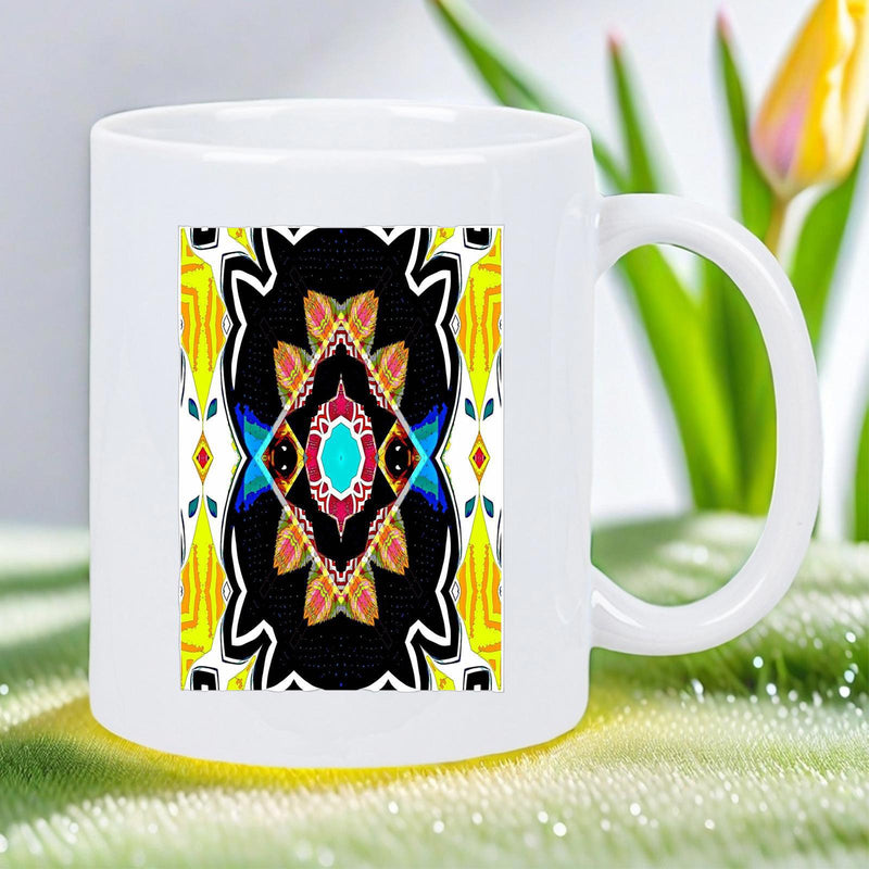 Tailorly White Ceramic 11 oz Mug - Vibrant Symmetrical Kaleidoscope Featuring Intricate Geometric Shapes And Vivid Colors Pattern