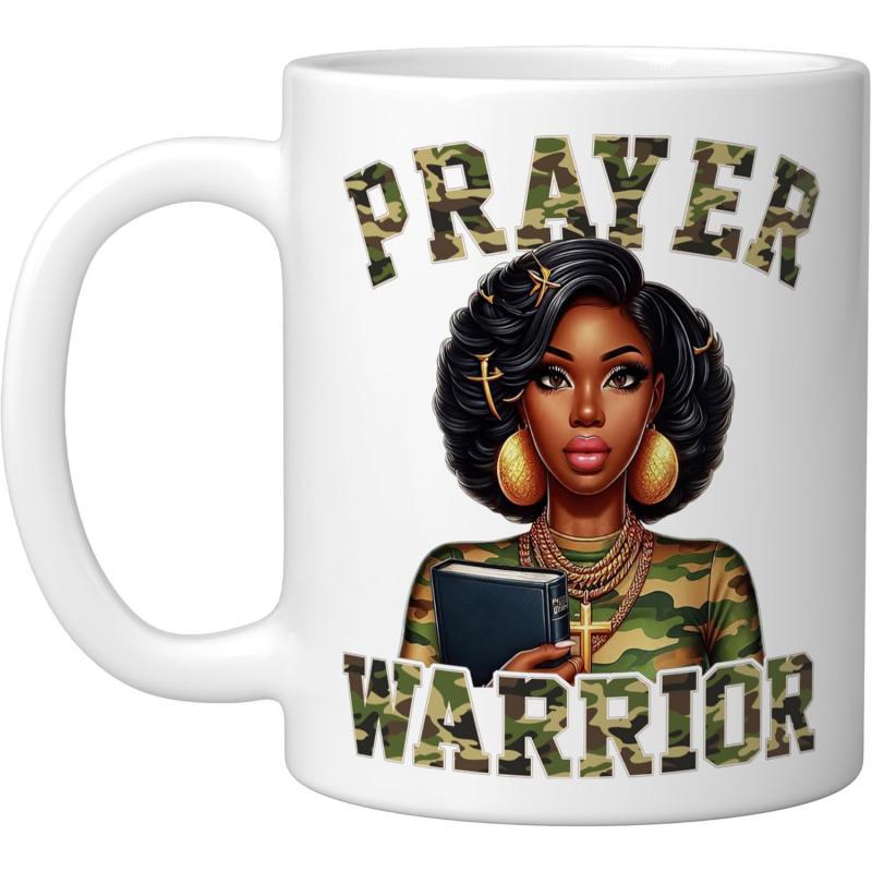 Tailorly White Ceramic 11 oz Mug - Prayer Warrior Strong African American Woman Holding Bible Wearing Camouflage Pattern Woman