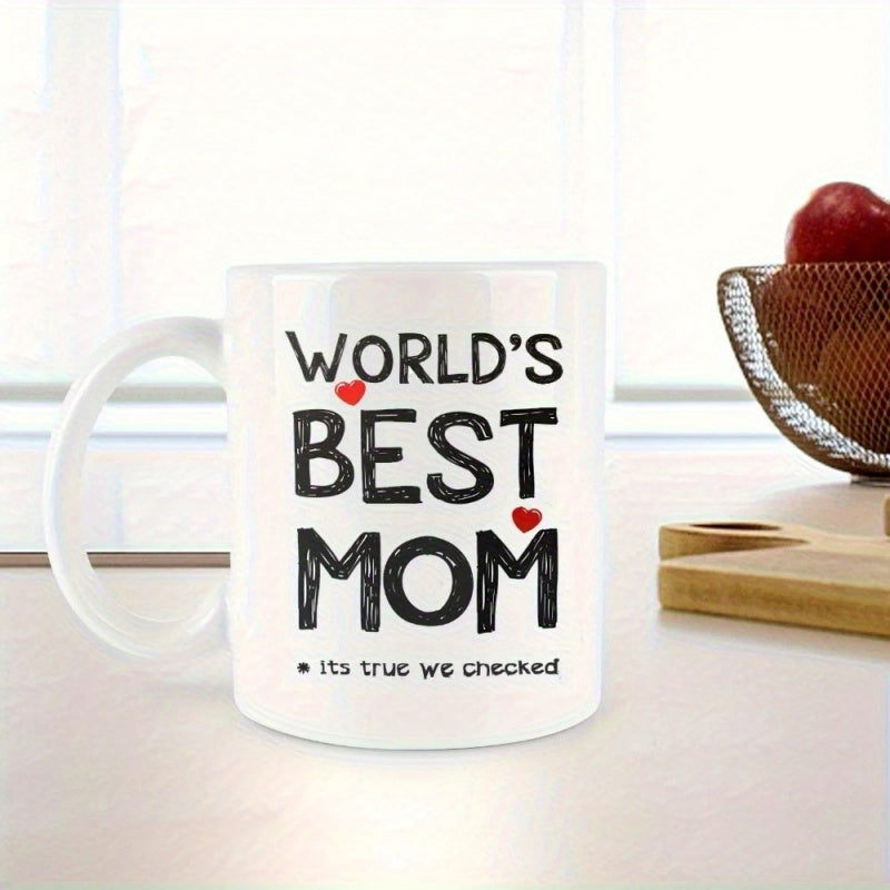 Tailorly White Ceramic 11 oz Mug - World's Best Mom Its True We Checked Minimalist Black Lettering With Two Tiny Red Hearts On A Polished