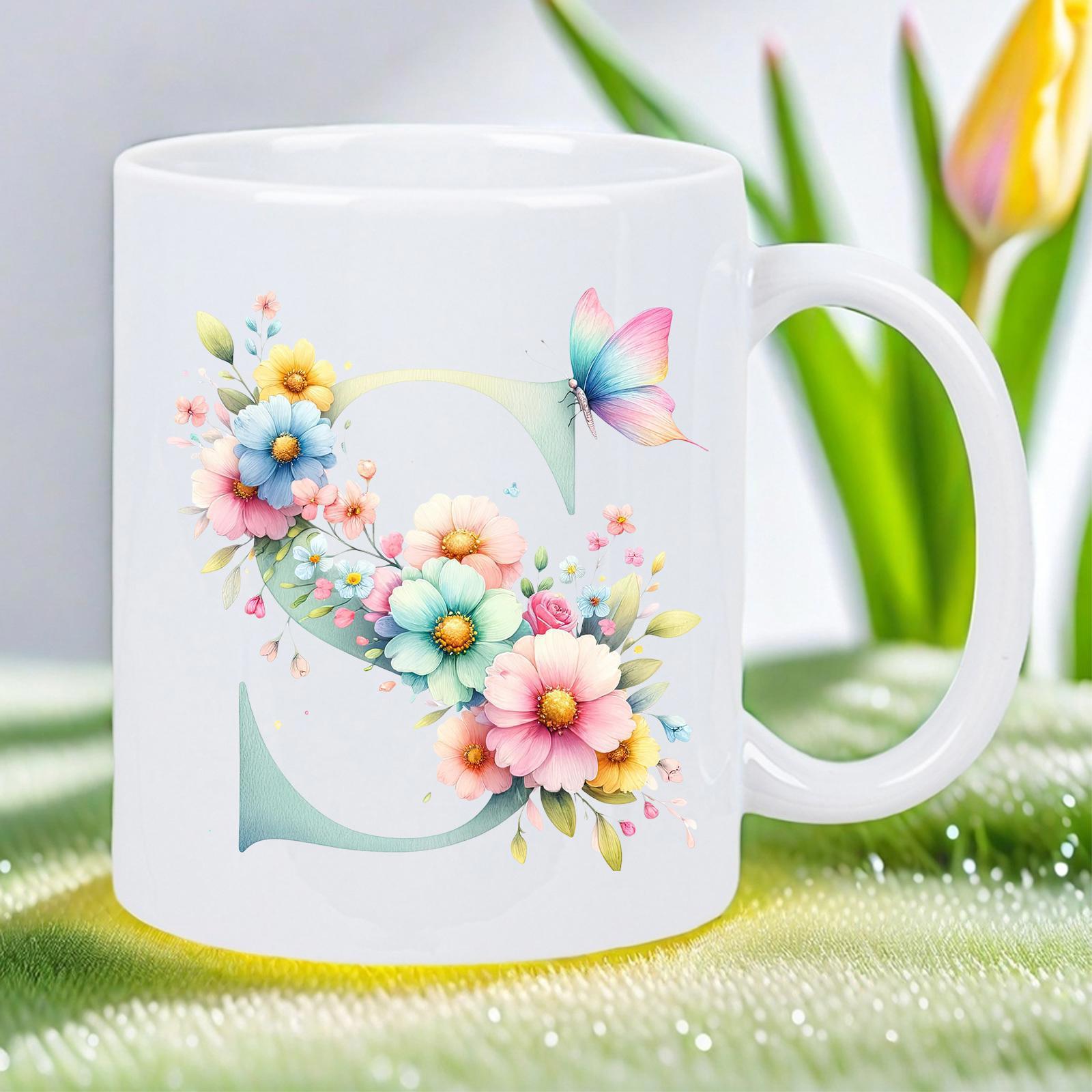 Tailorly White Ceramic 11 oz Mug - S Delicate Blooming Flowers And Flying Butterfly Surrounding The Capital Letter S