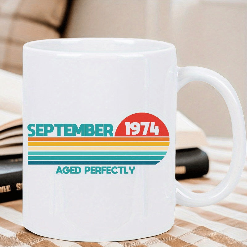 Tailorly White Ceramic 11 oz Mug - September 1974 Aged Perfectly Retro Sunset Stripes Under A Circular Geometric Warm Half Sun