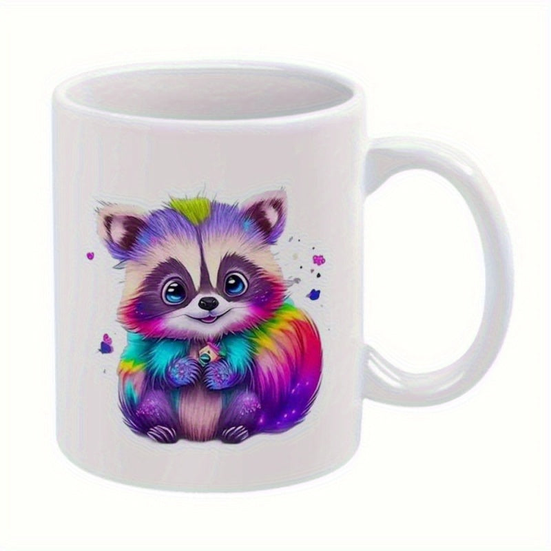 Tailorly White Ceramic 11 oz Mug - Vibrant Rainbow Fur Sitting In A Cute Artistic Pose Raccoon
