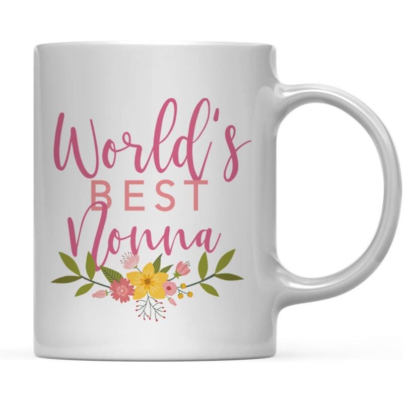 Tailorly White Ceramic 11 oz Mug - World's Best Nonna Colorful Blooming Spring Blossoms With Green Leaves And Delicate Flower