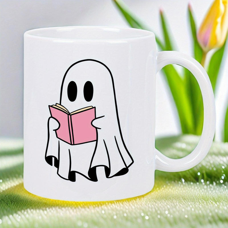 Tailorly White Ceramic 11 oz Mug - Cute Friendly Little White Spooky Character Holding A Small Pink Book Ghost