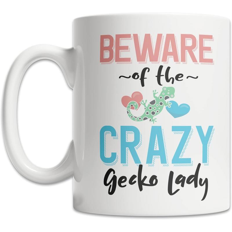 Tailorly White Ceramic 11 oz Mug - Beware Of The Crazy Gecko Lady Charming Spotted Reptile Surrounded By Colorful Hearts In Minimalist Style Gecko