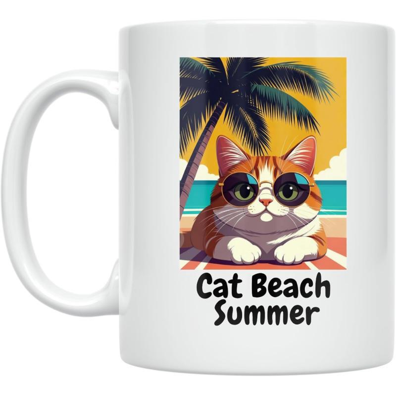 Tailorly White Ceramic 11 oz Mug - Cat Beach Summer Ginger Tabby Wearing Dark Sunglasses Relaxing Under Tropical Palm Tree Cat