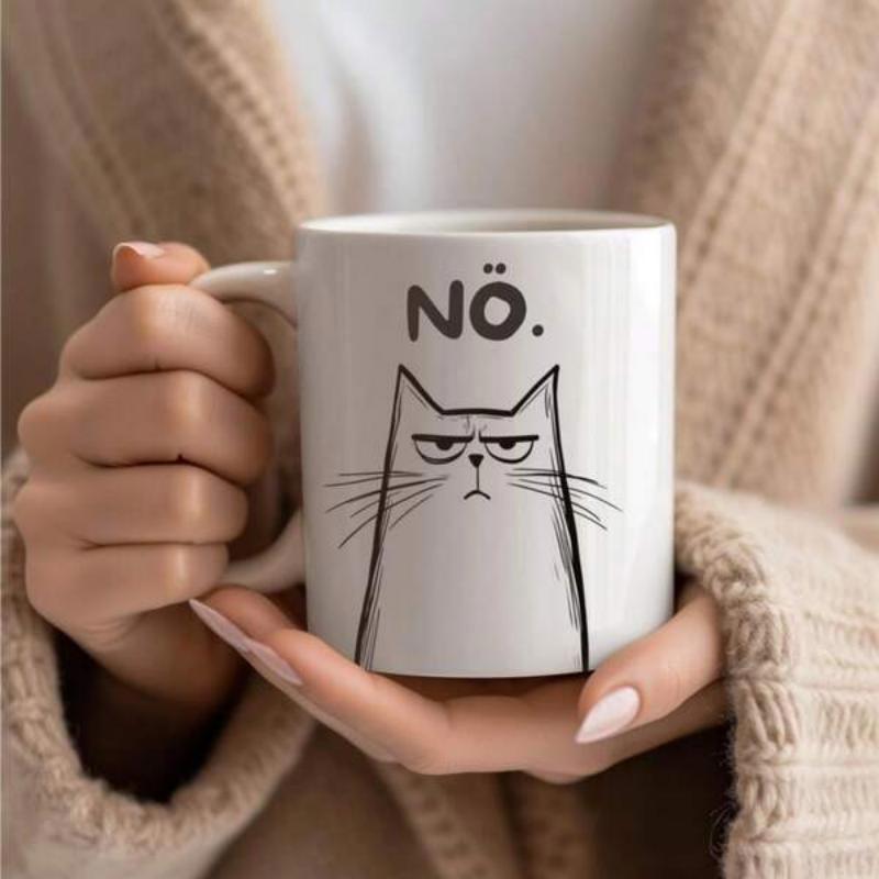 Tailorly White Ceramic 11 oz Mug - Grumpy Cartoon Feline With Sharp Whiskers And Simple Line Details Cat