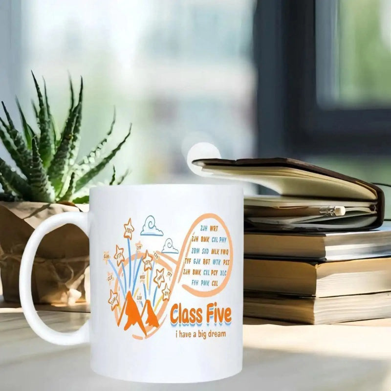 Tailorly White Ceramic 11 oz Mug - Class Five I Have A Big Dream Orange Graduation Graphic With Stylized Students And Golden Stars Mug