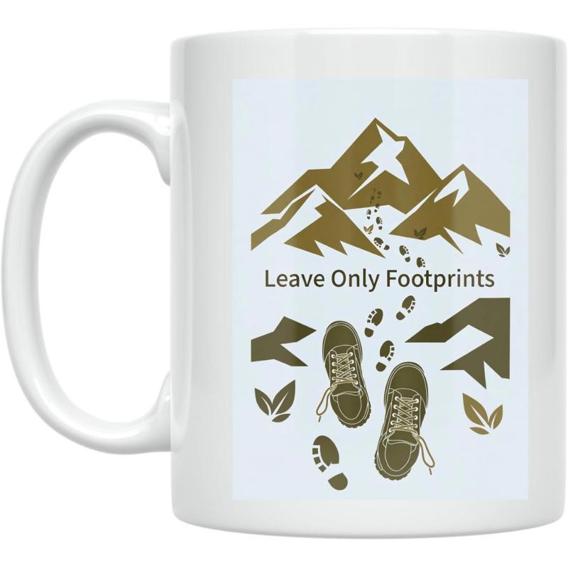 Tailorly White Ceramic 11 oz Mug - Leave Only Footprints Brown Rugged Wilderness Peaks With Muddy Hiking Boots And Trails Mountain