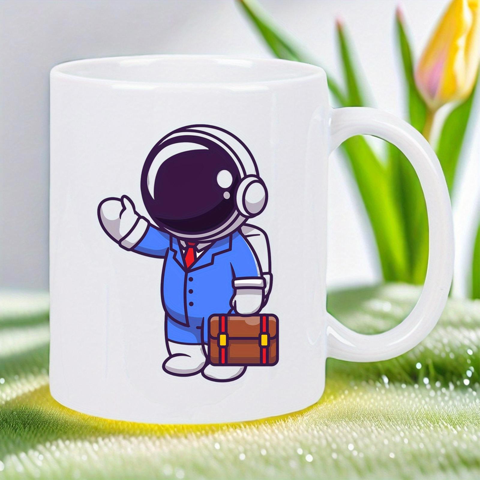 Tailorly White Ceramic 11 oz Mug - Chibi Professional Figure Wearing Blue Suit Carrying Brown Briefcase Astronaut