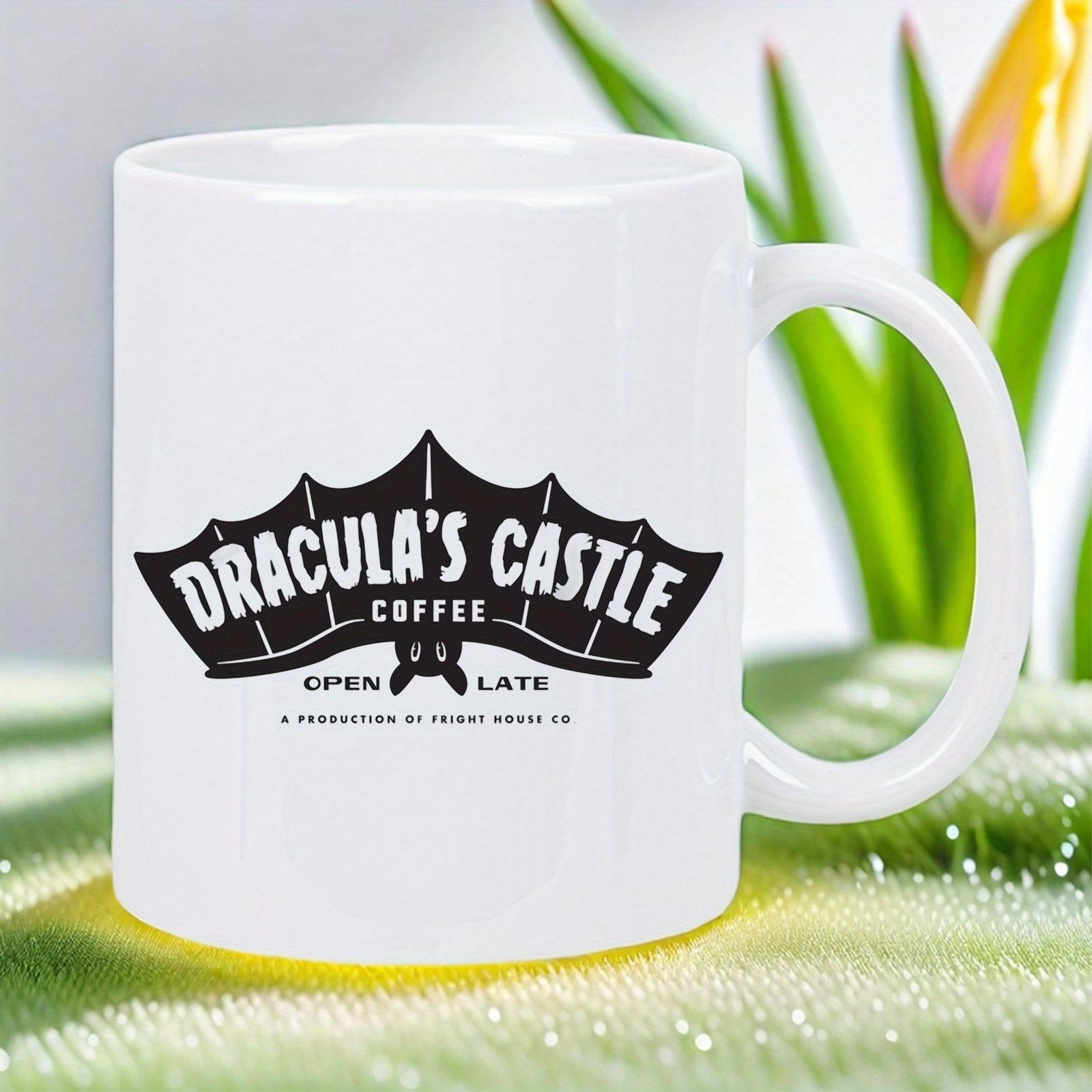 Tailorly White Ceramic 11 oz Mug - Dracula's Castle Coffee Open Late Spooky Gothic Style Silhouette With Wide Spread Wings Bat