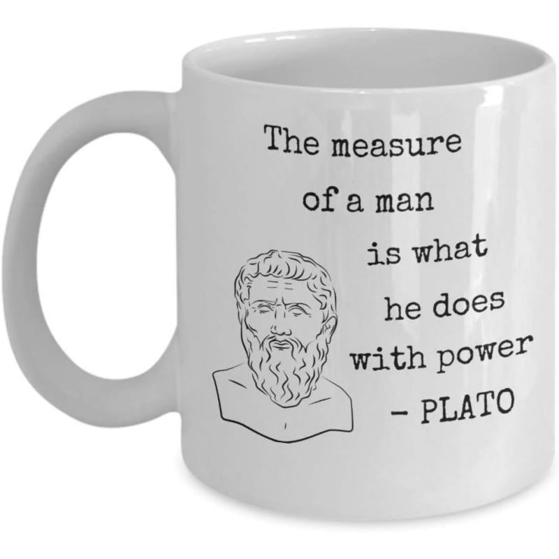 Tailorly White Ceramic 11 oz Mug - The Measure Of A Man Is What He Does With Power Plato Classic Ancient Greek Philosopher Bust In Minimalist Hand Drawn Sketch