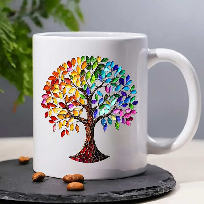 Tailorly White Ceramic 11 oz Mug - Vibrant Rainbow Colored Leaves Growing From A Decorative Mosaic Textured Tree