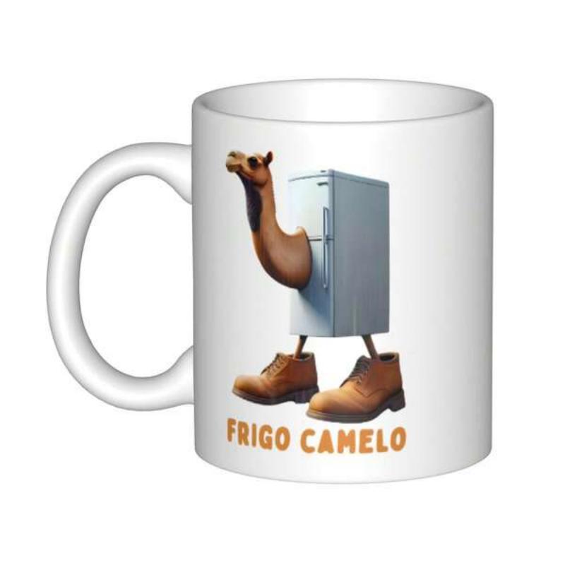 Tailorly White Ceramic 11 oz Mug - Surreal Metallic Refrigerator With A Tall Camel Neck Wearing Brown Boots Camel