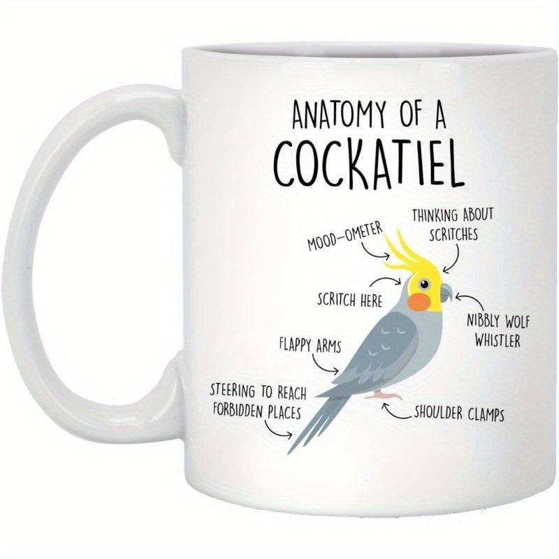 Tailorly White Ceramic 11 oz Mug - Anatomy Of A Cockatiel Hand Drawn Style Diagram Displaying Unique Features Of A Pet Cockatiel