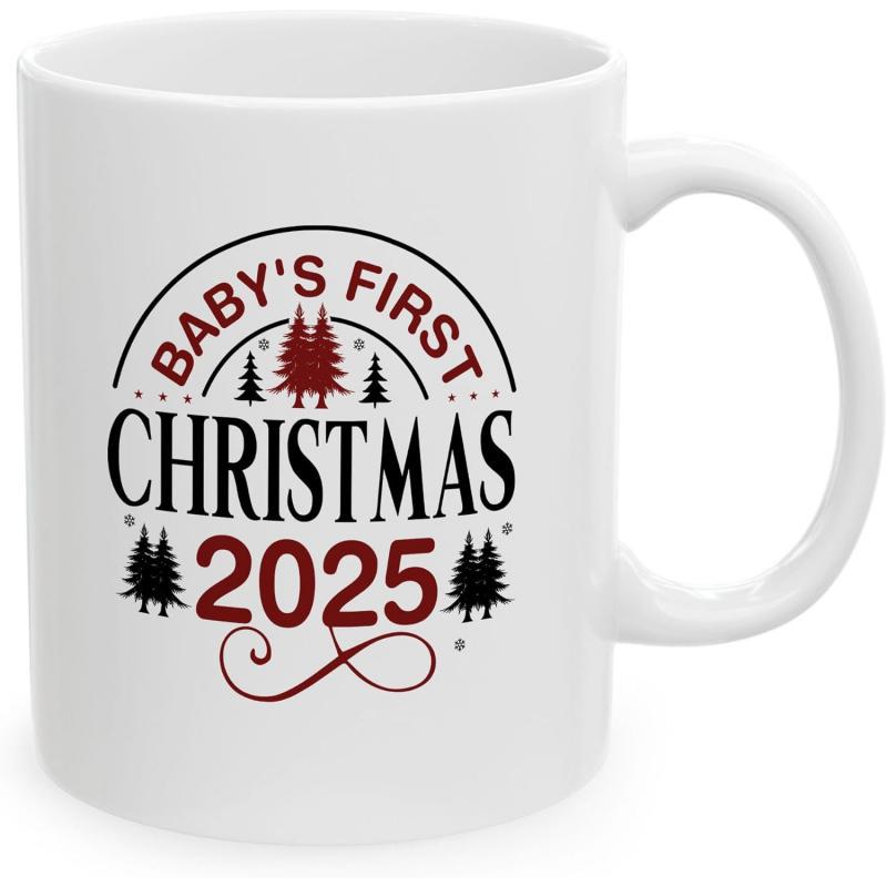Tailorly White Ceramic 11 oz Mug - Babys First Christmas 2025 Festive Red And Black Pine Trees With Elegant Decorative Scrollwork Mug