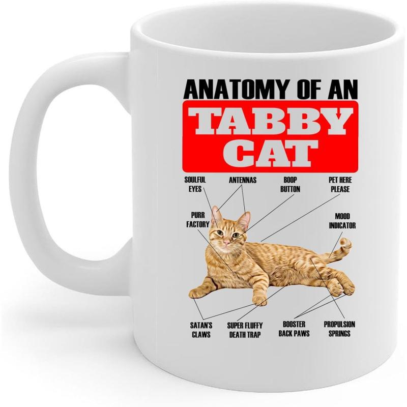 Tailorly White Ceramic 11 oz Mug - Anatomy Of An Tabby Cat Cute Ginger Feline Lying Down With Humorous Anatomical Labels Diagram Cat
