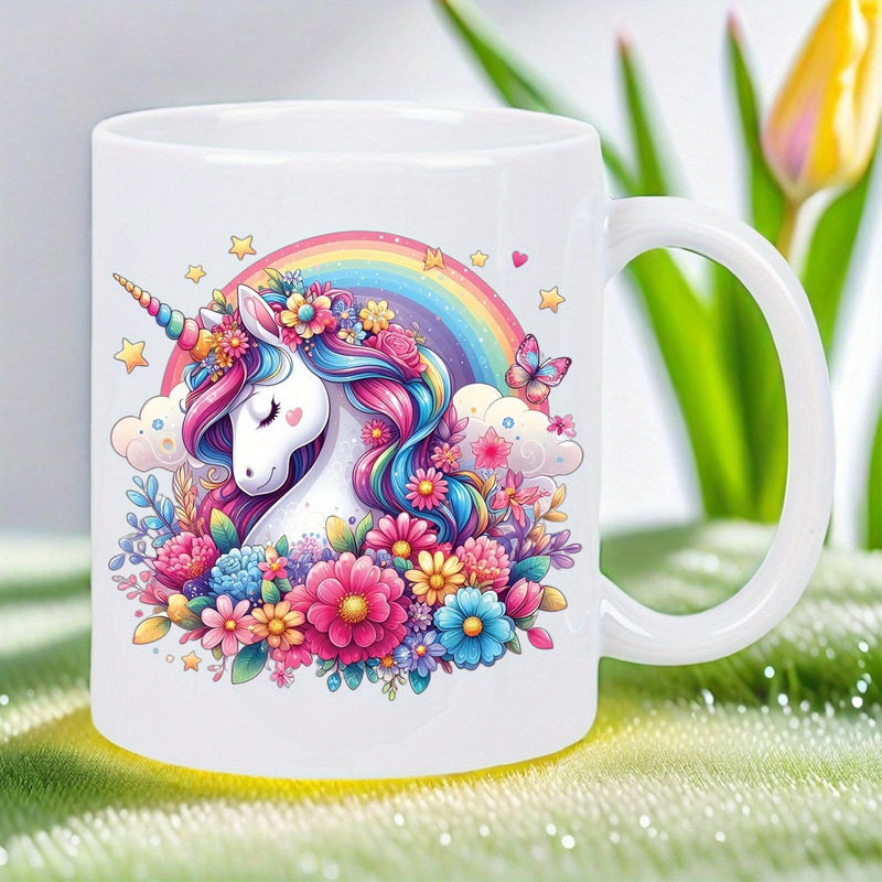 Tailorly White Ceramic 11 oz Mug - Magical Vibrant Flowers Under A Radiant Rainbow Behind A Serene Unicorn