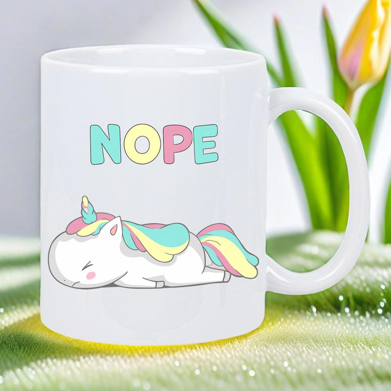 Tailorly White Ceramic 11 oz Mug - Nope With Rainbow Pastel Mane Sleeping Calmly In Lazy Pose Unicorn