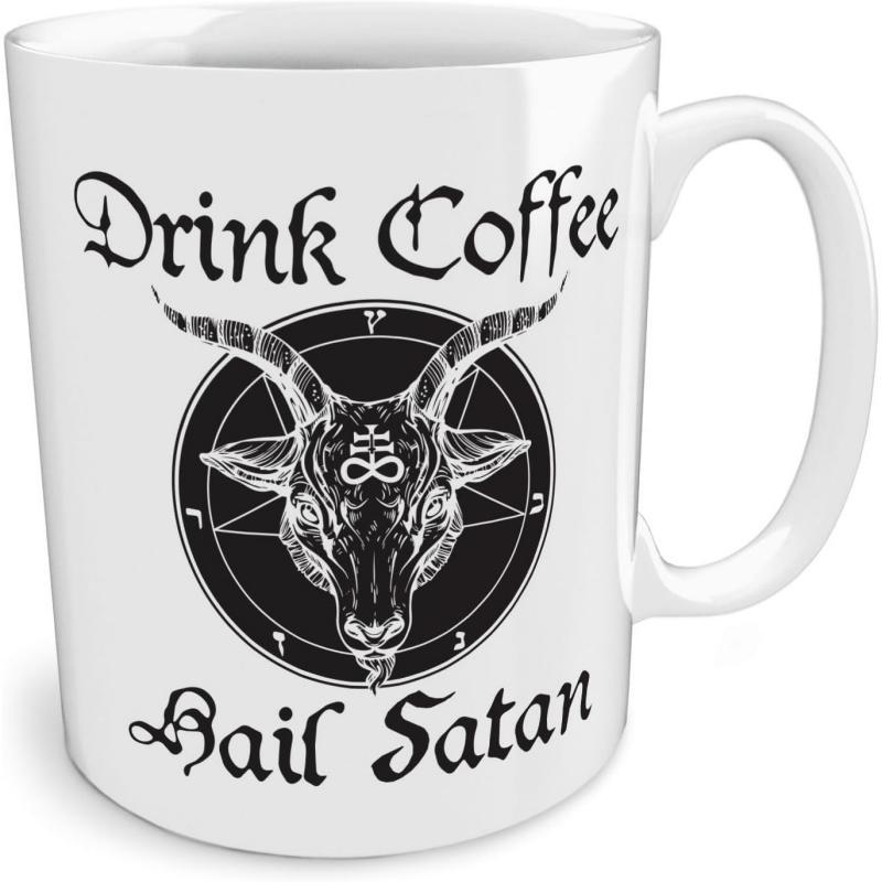 Tailorly White Ceramic 11 oz Mug - Drink Coffee Hail Satan Intricate Black Graphic Design Featuring A Dark Ritualistic Pentagram Symbol Goat