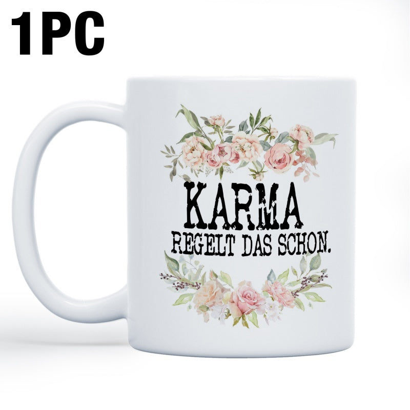 Tailorly White Ceramic 11 oz Mug - Karma Elegant Watercolor Pink Roses Surrounded By Soft Green Leaves Floral Rose