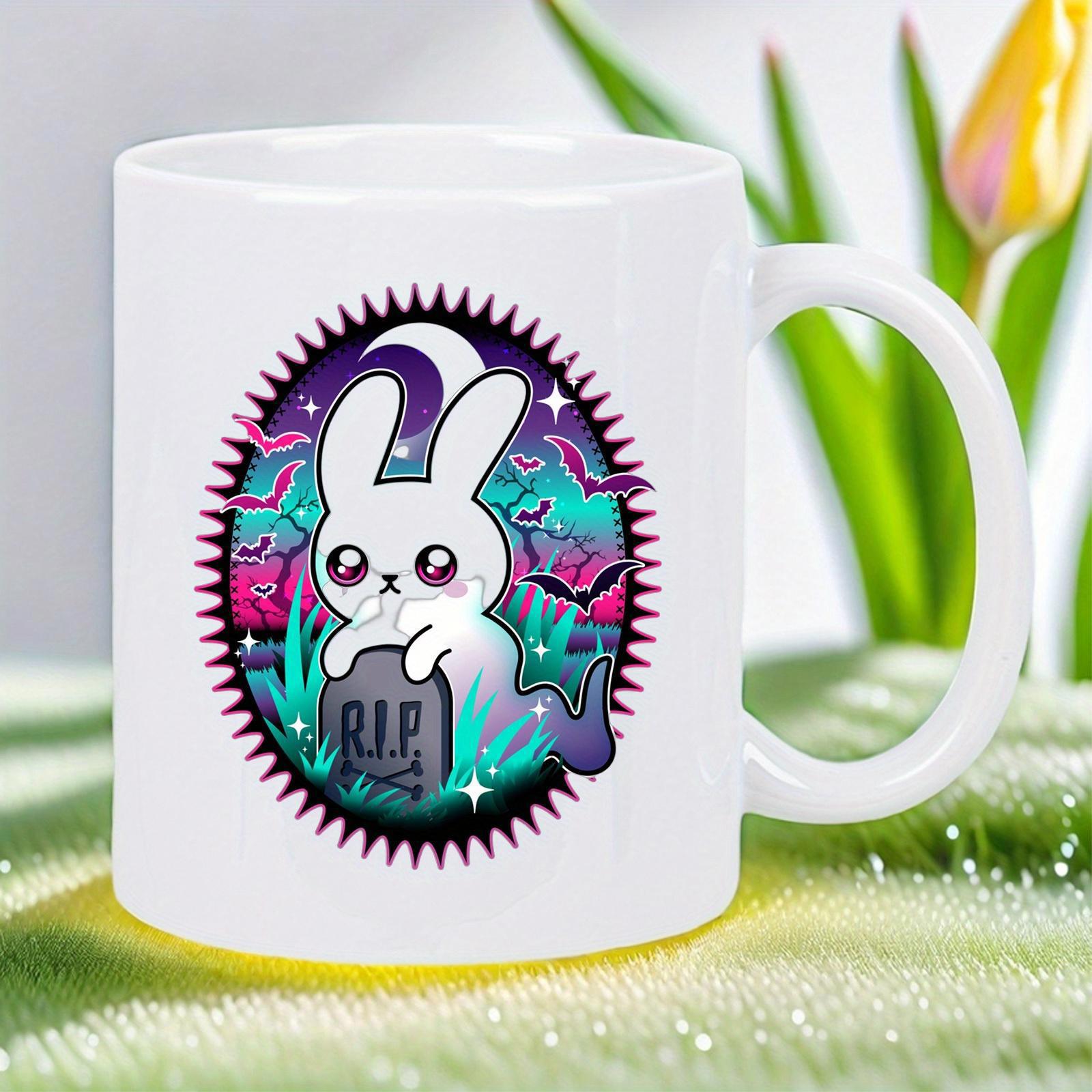 Tailorly White Ceramic 11 oz Mug - Rip Adorable White Bunny Sitting In Front Of Spooky Haunted Gravestone Rabbit