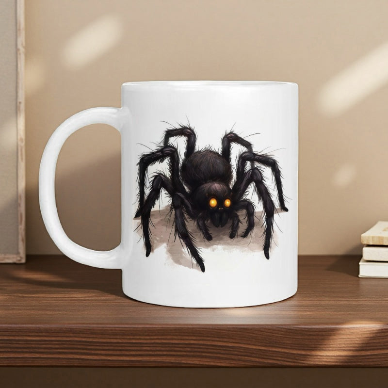 Tailorly White Ceramic 11 oz Mug - Creepy Black Hairy Legs With Glowing Yellow Eyes Spooky Crawling Spider